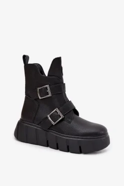 Buty damskie Vinceza Botki Ocieplane|Botki Skórzane*Skórzane Ocieplane Botki Damskie Na Platformie Z Klamrami Vinceza 66842 Czarne