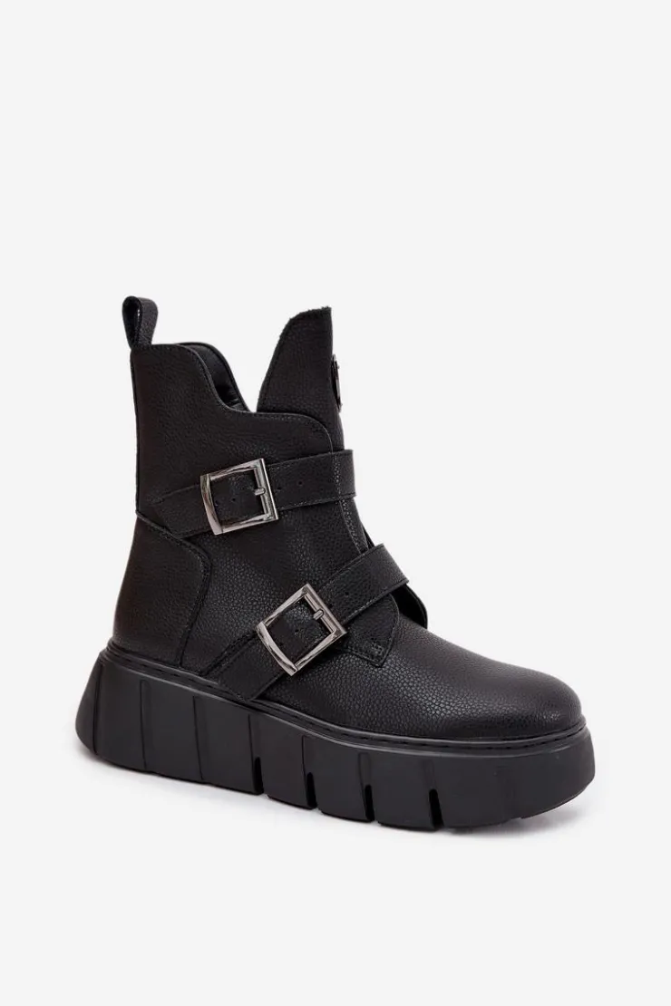 Buty damskie Vinceza Botki Ocieplane|Botki Skórzane*Skórzane Ocieplane Botki Damskie Na Platformie Z Klamrami Vinceza 66842 Czarne