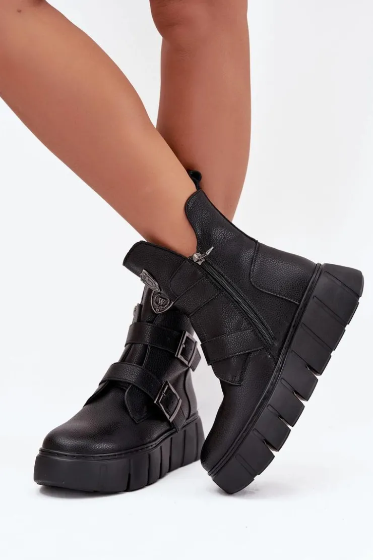 Buty damskie Vinceza Botki Ocieplane|Botki Skórzane*Skórzane Ocieplane Botki Damskie Na Platformie Z Klamrami Vinceza 66842 Czarne
