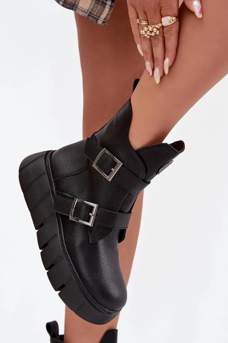 Buty damskie Vinceza Botki Ocieplane|Botki Skórzane*Skórzane Ocieplane Botki Damskie Na Platformie Z Klamrami Vinceza 66842 Czarne