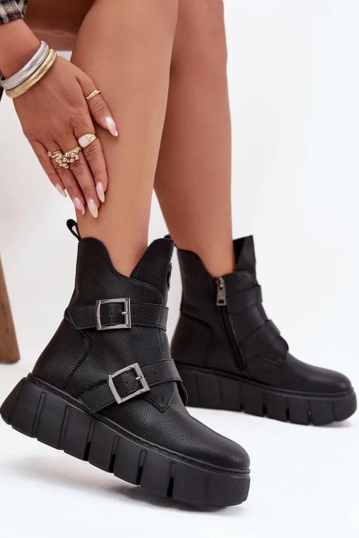 Buty damskie Vinceza Botki Ocieplane|Botki Skórzane*Skórzane Ocieplane Botki Damskie Na Platformie Z Klamrami Vinceza 66842 Czarne