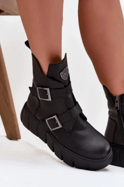 Buty damskie Vinceza Botki Ocieplane|Botki Skórzane*Skórzane Ocieplane Botki Damskie Na Platformie Z Klamrami Vinceza 66842 Czarne