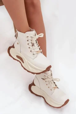 New GOE Skórzane Ocieplane Botki Damskie Na Platformie SS2N4300 Jasnobeżowe Beżowy