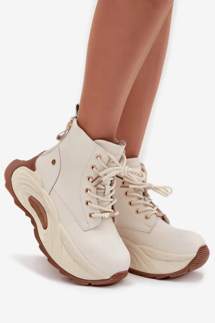 New GOE Skórzane Ocieplane Botki Damskie Na Platformie SS2N4300 Jasnobeżowe Beżowy