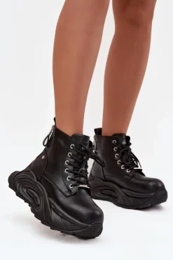 Damskie GOE Skórzane Ocieplane Botki Damskie Na Platformie SS2N4301 Czarne