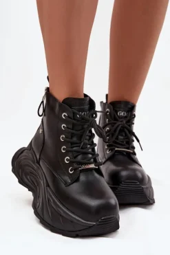 Damskie GOE Skórzane Ocieplane Botki Damskie Na Platformie SS2N4301 Czarne