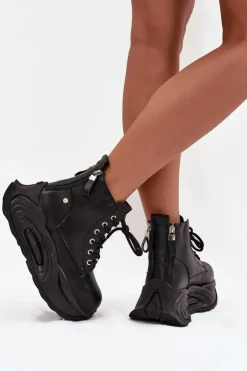 Damskie GOE Skórzane Ocieplane Botki Damskie Na Platformie SS2N4301 Czarne