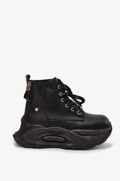 Damskie GOE Skórzane Ocieplane Botki Damskie Na Platformie SS2N4301 Czarne