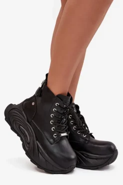 Damskie GOE Skórzane Ocieplane Botki Damskie Na Platformie SS2N4301 Czarne