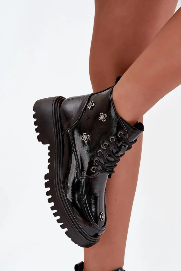 Discount Artiker Skórzane Ocieplane Botki Damskie Z Ozdobami Lakierowane 57C0345 Czarne