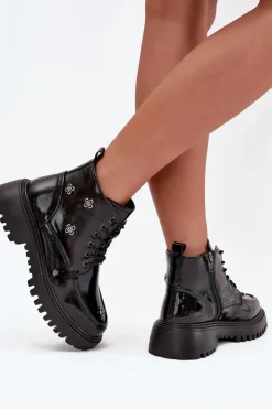 Discount Artiker Skórzane Ocieplane Botki Damskie Z Ozdobami Lakierowane 57C0345 Czarne