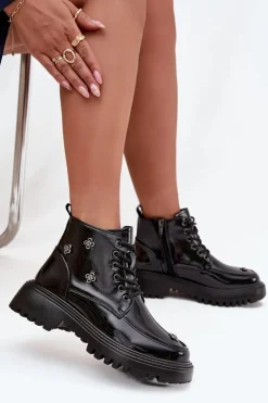 Discount Artiker Skórzane Ocieplane Botki Damskie Z Ozdobami Lakierowane 57C0345 Czarne