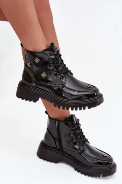 Discount Artiker Skórzane Ocieplane Botki Damskie Z Ozdobami Lakierowane 57C0345 Czarne