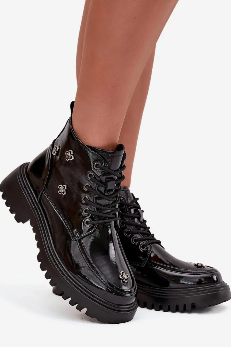 Discount Artiker Skórzane Ocieplane Botki Damskie Z Ozdobami Lakierowane 57C0345 Czarne