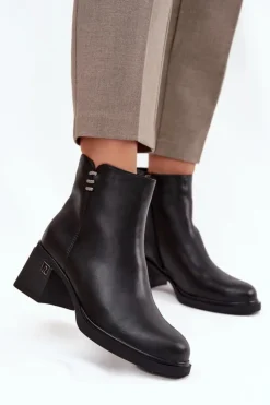 Outlet Buty damskie Vinceza Skórzane Ocieplane Botki Damskie Na Klocku Vinceza 91159 Czarne Czarny