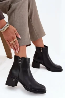 Outlet Buty damskie Vinceza Skórzane Ocieplane Botki Damskie Na Klocku Vinceza 91159 Czarne Czarny