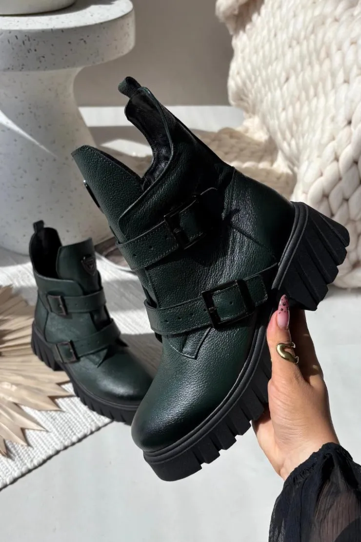 Damskie Zazoo Skórzane Ocieplane Botki Damskie Z Klamrami I Ozdobnym Detalem 60482 Ciemnozielone