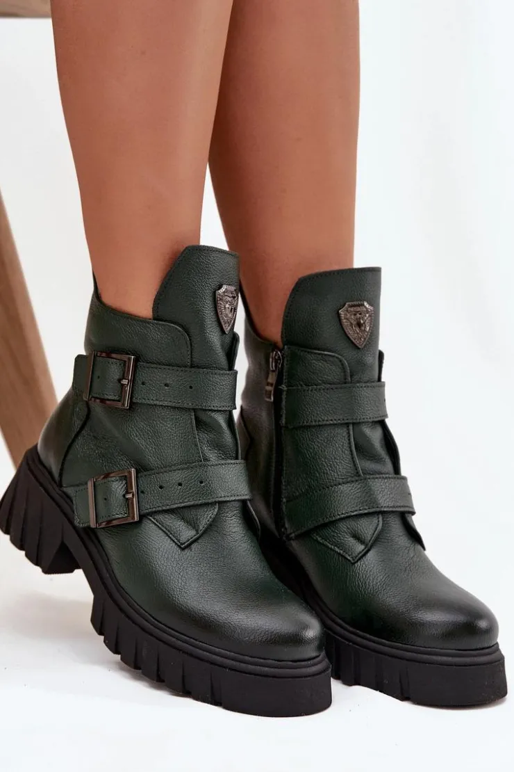 Damskie Zazoo Skórzane Ocieplane Botki Damskie Z Klamrami I Ozdobnym Detalem 60482 Ciemnozielone