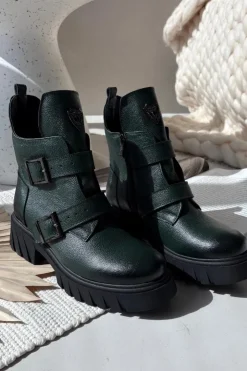 Damskie Zazoo Skórzane Ocieplane Botki Damskie Z Klamrami I Ozdobnym Detalem 60482 Ciemnozielone