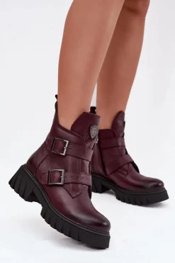 Sale Zazoo Skórzane Ocieplane Botki Damskie Z Klamrami I Ozdobnym Detalem 60482 Bordowe Czerwony