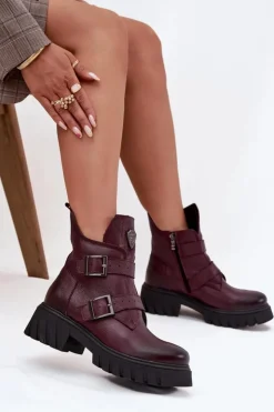 Sale Zazoo Skórzane Ocieplane Botki Damskie Z Klamrami I Ozdobnym Detalem 60482 Bordowe Czerwony
