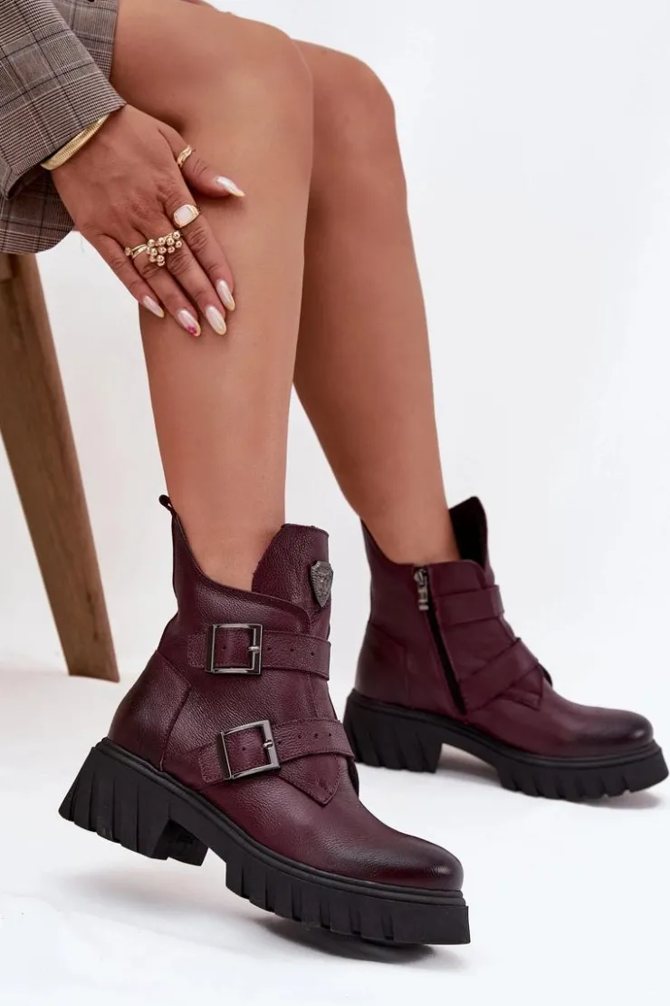 Sale Zazoo Skórzane Ocieplane Botki Damskie Z Klamrami I Ozdobnym Detalem 60482 Bordowe Czerwony