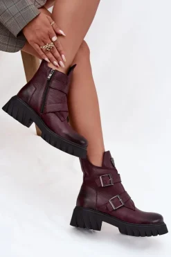 Sale Zazoo Skórzane Ocieplane Botki Damskie Z Klamrami I Ozdobnym Detalem 60482 Bordowe Czerwony