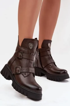 Zazoo Botki Ocieplane|Botki Na Obcasie*Skórzane Ocieplane Botki Damskie Z Klamrami I Ozdobnym Detalem 60482 Czekoladowe Brązowy
