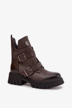 Zazoo Botki Ocieplane|Botki Na Obcasie*Skórzane Ocieplane Botki Damskie Z Klamrami I Ozdobnym Detalem 60482 Czekoladowe Brązowy