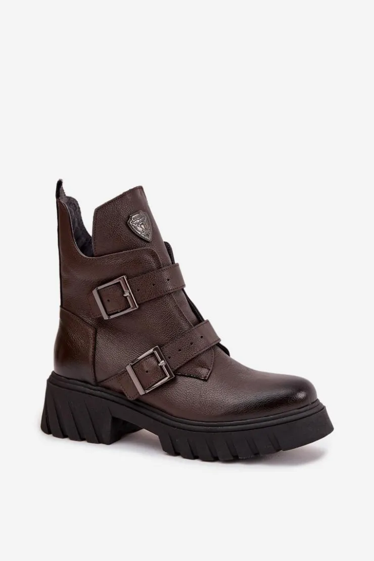 Zazoo Botki Ocieplane|Botki Na Obcasie*Skórzane Ocieplane Botki Damskie Z Klamrami I Ozdobnym Detalem 60482 Czekoladowe Brązowy