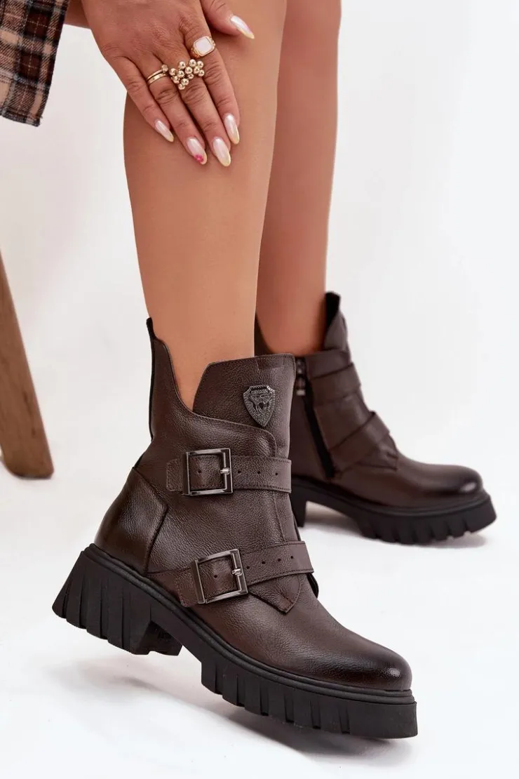 Zazoo Botki Ocieplane|Botki Na Obcasie*Skórzane Ocieplane Botki Damskie Z Klamrami I Ozdobnym Detalem 60482 Czekoladowe Brązowy