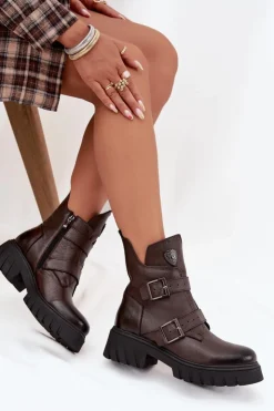 Zazoo Botki Ocieplane|Botki Na Obcasie*Skórzane Ocieplane Botki Damskie Z Klamrami I Ozdobnym Detalem 60482 Czekoladowe Brązowy