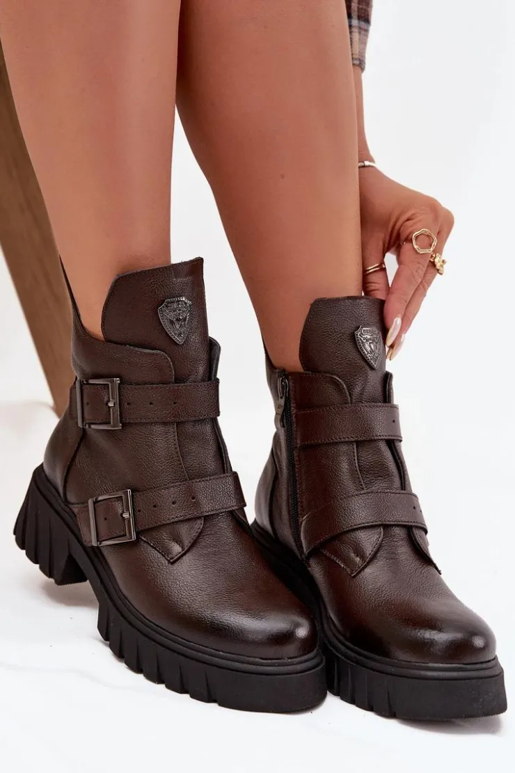 Zazoo Botki Ocieplane|Botki Na Obcasie*Skórzane Ocieplane Botki Damskie Z Klamrami I Ozdobnym Detalem 60482 Czekoladowe Brązowy