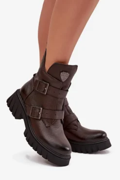 Zazoo Botki Ocieplane|Botki Na Obcasie*Skórzane Ocieplane Botki Damskie Z Klamrami I Ozdobnym Detalem 60482 Czekoladowe Brązowy