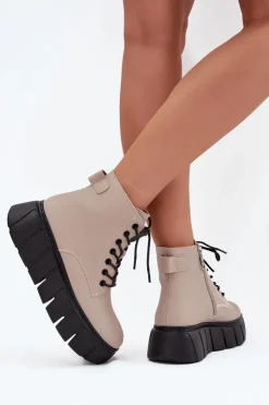 Damskie Buty damskie Vinceza Skórzane Ocieplane Botki Damskie Na Platformie Vinceza 66803 Beżowe