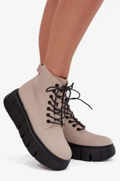 Damskie Buty damskie Vinceza Skórzane Ocieplane Botki Damskie Na Platformie Vinceza 66803 Beżowe