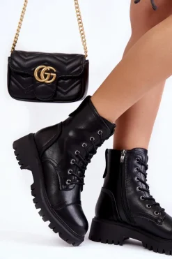 Boto Damskie Trapery|Botki Sznurowane*Skórzane Ocieplane Botki Glany La.Fi 250044B-PU Czarne