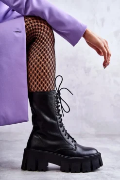 GOE Botki Sznurowane|Czarne Botki*Skórzane Ocieplane Botki KK2N4013 Czarne