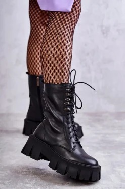 GOE Botki Sznurowane|Czarne Botki*Skórzane Ocieplane Botki KK2N4013 Czarne