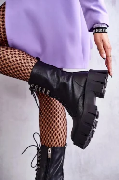 GOE Botki Sznurowane|Czarne Botki*Skórzane Ocieplane Botki KK2N4013 Czarne