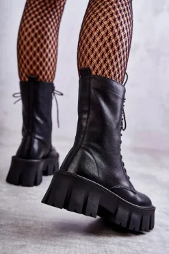 GOE Botki Sznurowane|Czarne Botki*Skórzane Ocieplane Botki KK2N4013 Czarne