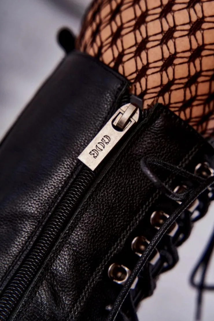 GOE Botki Sznurowane|Czarne Botki*Skórzane Ocieplane Botki KK2N4013 Czarne