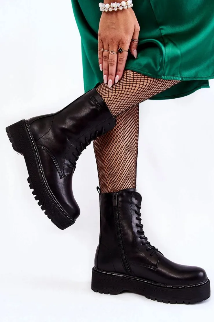 Discount Big Star Shoes Skórzane Ocieplane Botki Glany Big Star II274109 Czarne