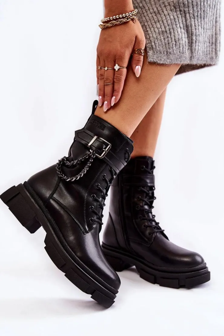 Big Star Shoes Damskie Trapery|Botki Sznurowane*Skórzane Ocieplane Botki Glany Big Star KK274486 Czarne