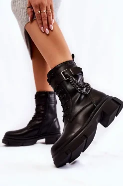 Big Star Shoes Damskie Trapery|Botki Sznurowane*Skórzane Ocieplane Botki Glany Big Star KK274486 Czarne