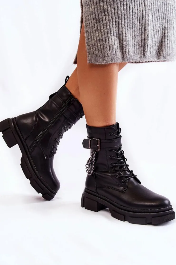 Big Star Shoes Damskie Trapery|Botki Sznurowane*Skórzane Ocieplane Botki Glany Big Star KK274486 Czarne