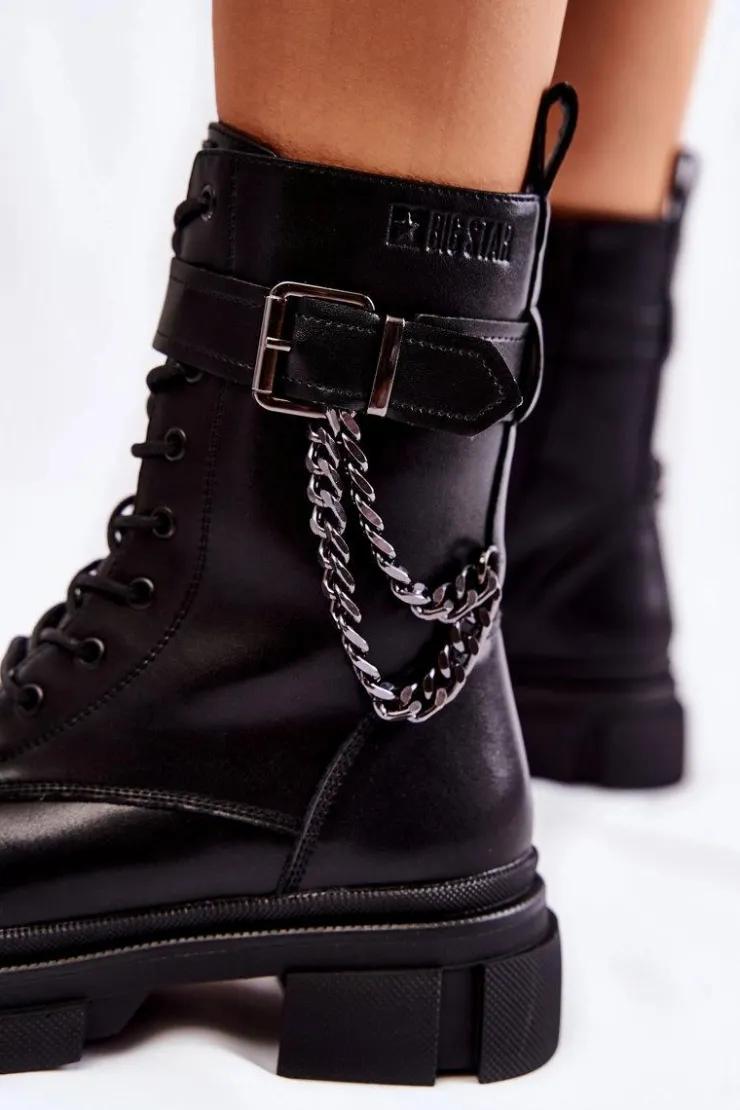 Big Star Shoes Damskie Trapery|Botki Sznurowane*Skórzane Ocieplane Botki Glany Big Star KK274486 Czarne