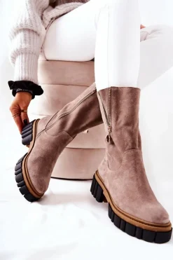 Boto Kozaki Płaskie|Kozaki Zamszowe*Skórzane Ocieplane Botki Kozaki Cappucino Souffle
