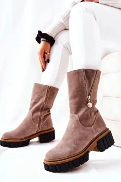 Boto Kozaki Płaskie|Kozaki Zamszowe*Skórzane Ocieplane Botki Kozaki Cappucino Souffle