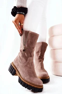 Boto Kozaki Płaskie|Kozaki Zamszowe*Skórzane Ocieplane Botki Kozaki Cappucino Souffle